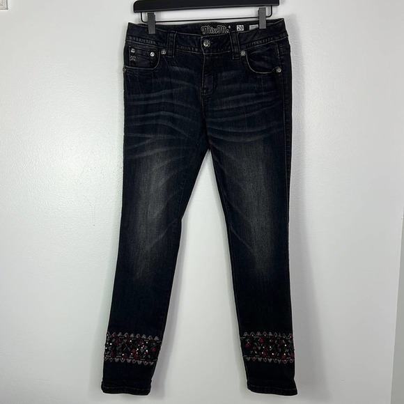 MISS ME Signature Cuffed Skinny Black Embellished & Embroidered Jeans Womens 29 - Picture 13 of 14